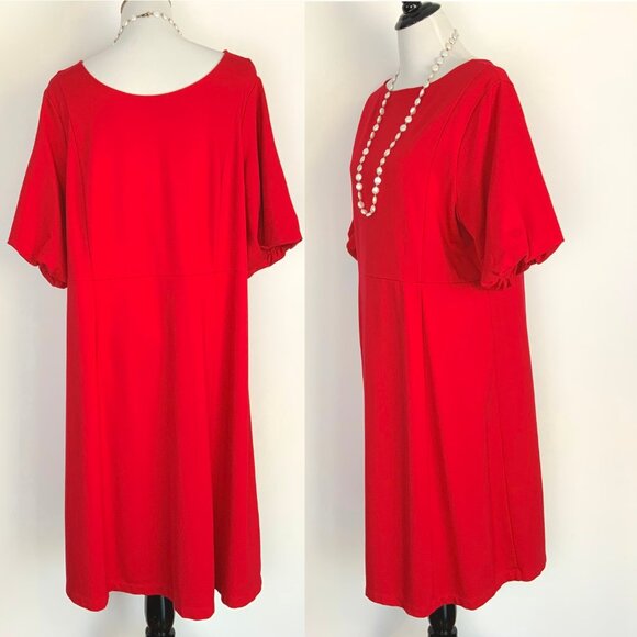 New J Jill Simple Elegance Puff Sleeves Dress In Red Cherry Size 2XL - Picture 2 of 16